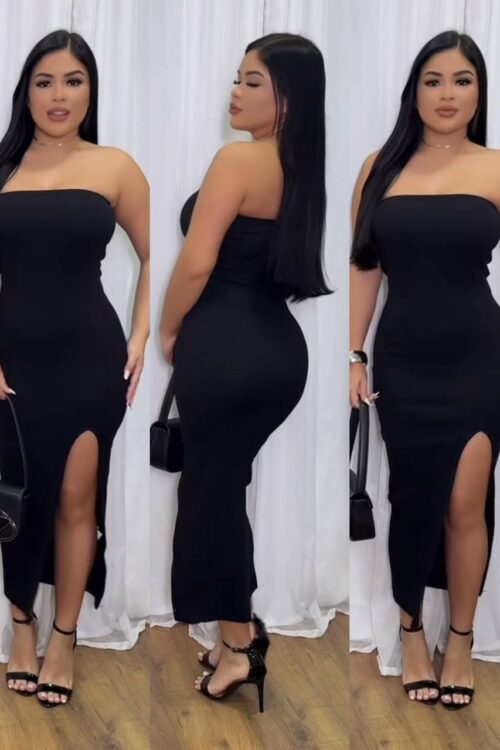 Vestido Ribana Canelada Tomara Que Caia com Fenda Preto
