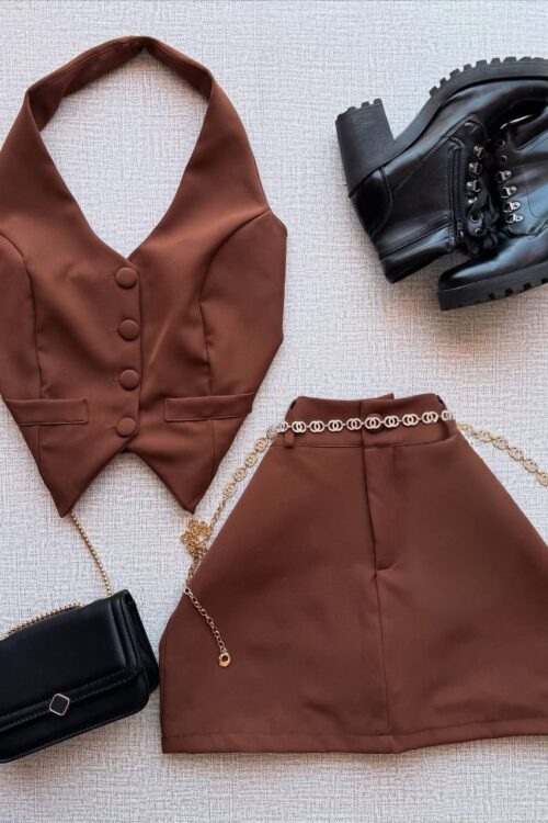 Conjunto Alfaiataria Colete + Shorts/saia Marrom