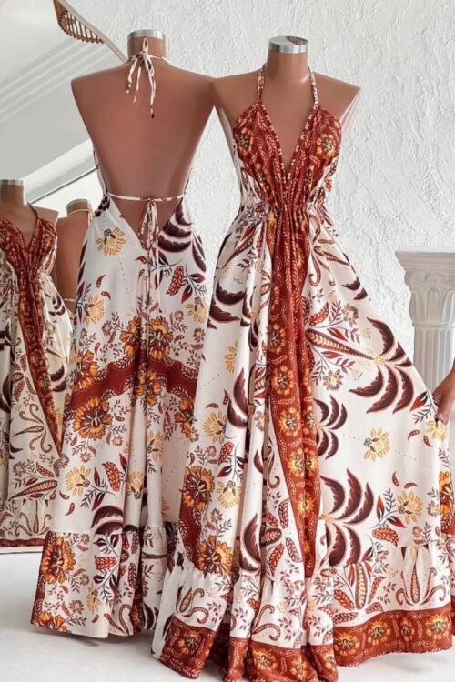Vestido Indiano Longo Crepinho Marrom