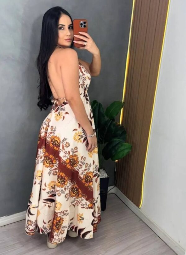 Vestido Indiano Longo Crepinho Marrom - Imagem 3