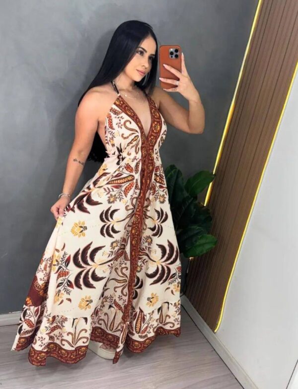 Vestido Indiano Longo Crepinho Marrom