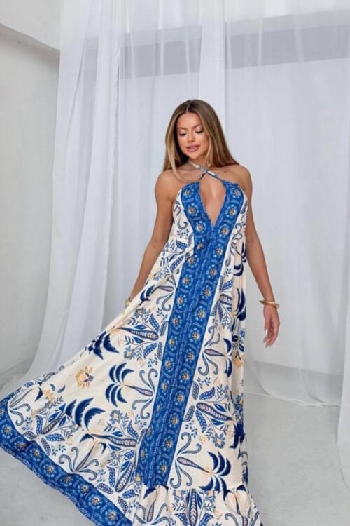 Vestido Indiano Longo Crepinho Azul