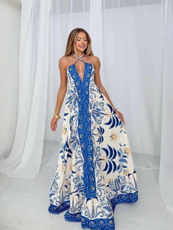Vestido Indiano Longo Crepinho Azul - Imagem 2