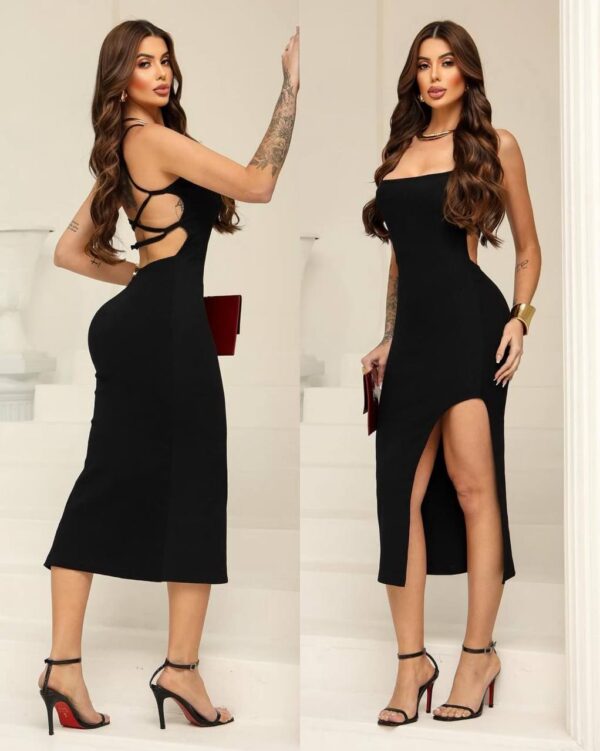 Vestido Ribana Canelada Mid Costas Trançadas Preto