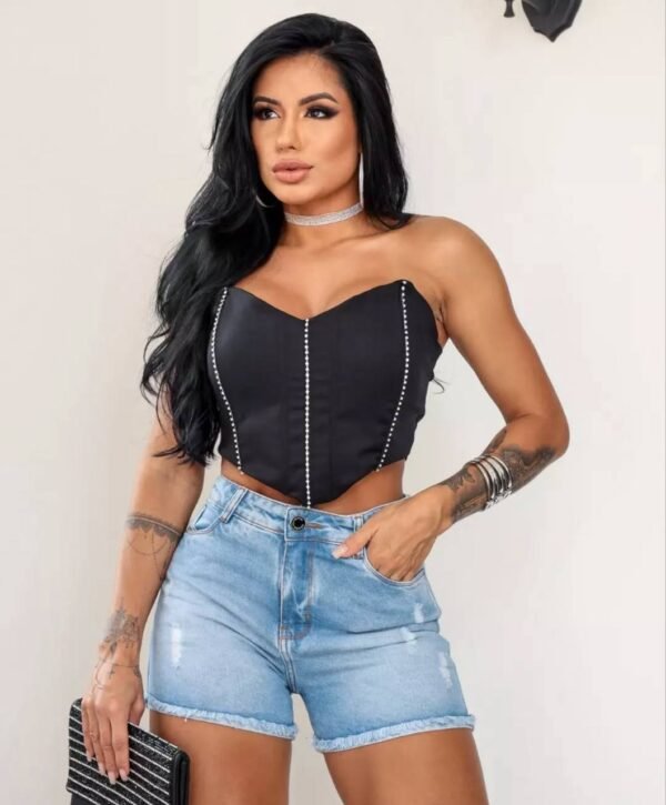 Cropped Corset Alfaiataria Preto com Pedrinhas