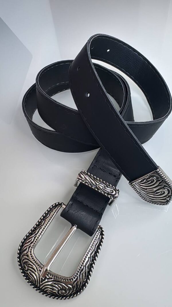 Cinto Preto Com Fivela Arabesco Prata