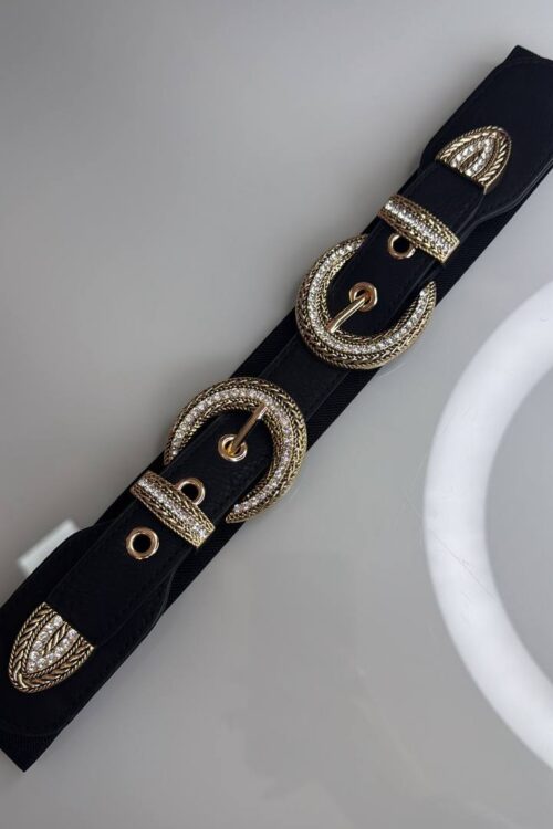 Cinto 2 Fivelas Elástico Preto Prata e Dourado Strass