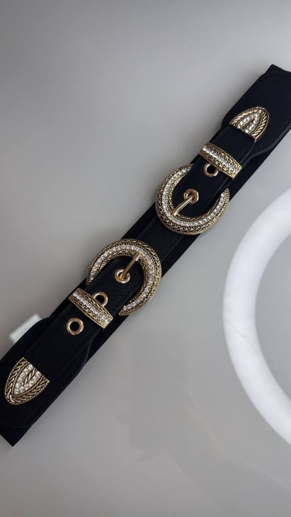 Cinto 2 Fivelas Elástico Preto Prata e Dourado Strass