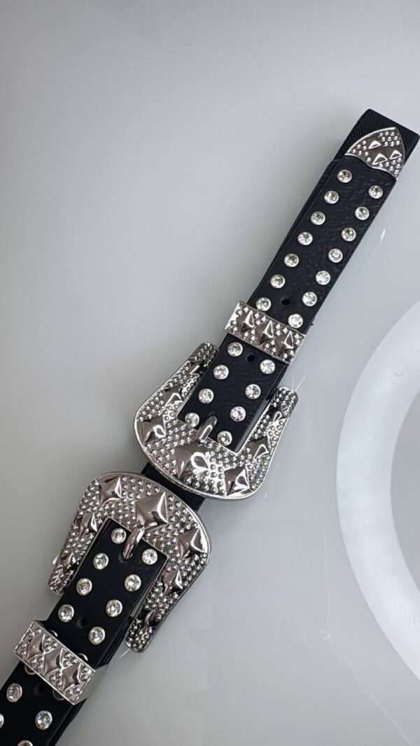 Cinto 2 Fivelas Elástico Strass Prata Preto - Imagem 6