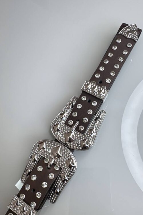 Cinto 2 Fivelas Elástico Strass Prata Marrom