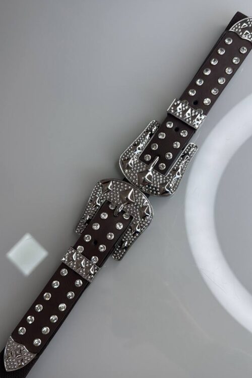 Cinto 2 Fivelas Elástico Strass Prata Marrom