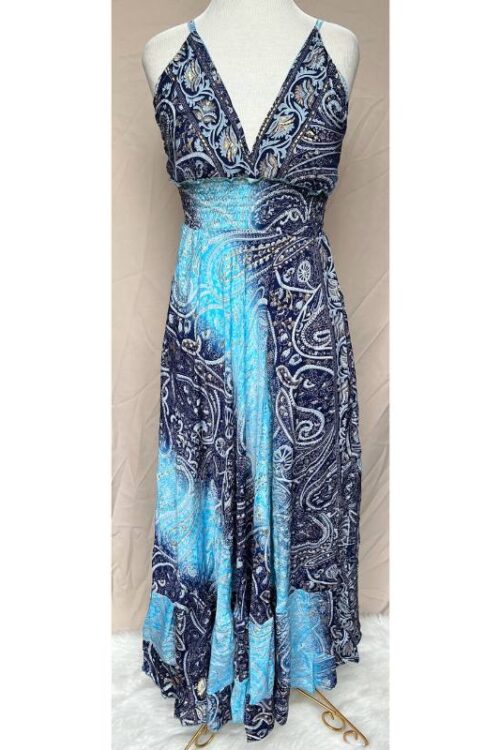 Vestido Longo Ceda Indiano Tons De Azul Com Dourado