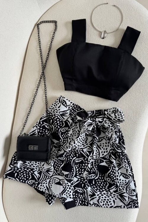 Conjunto De Cropped + Shorts/saia Tropical Preto