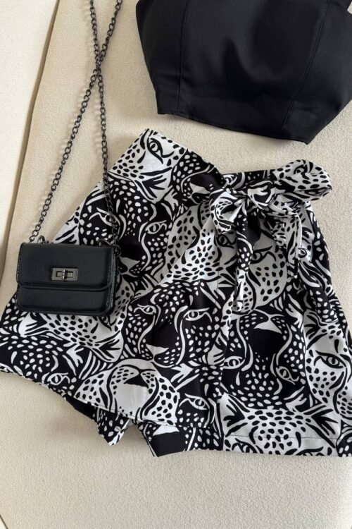 Conjunto De Cropped + Shorts/saia Tropical Preto