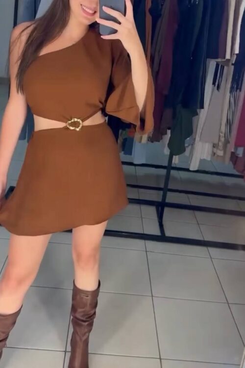Vestido/macaquinho Manga Única Flare Duna Marrom
