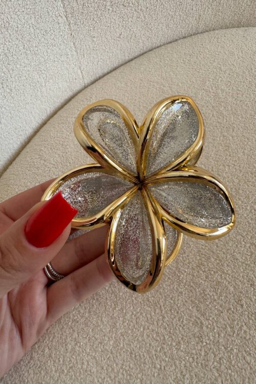 Presilha de Cabelo Flor Brilho Prata com Dourado