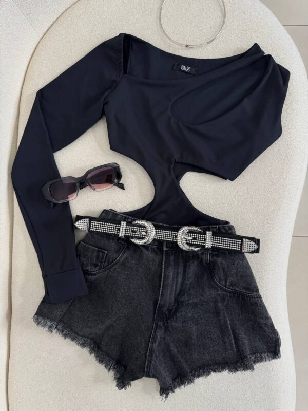 Shorts Jeans Grafite Estonado Barra Desfiada - Imagem 2