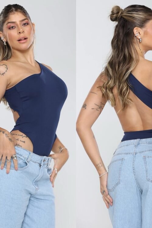 Body Cavado Poliamida Um Ombro Só Azul