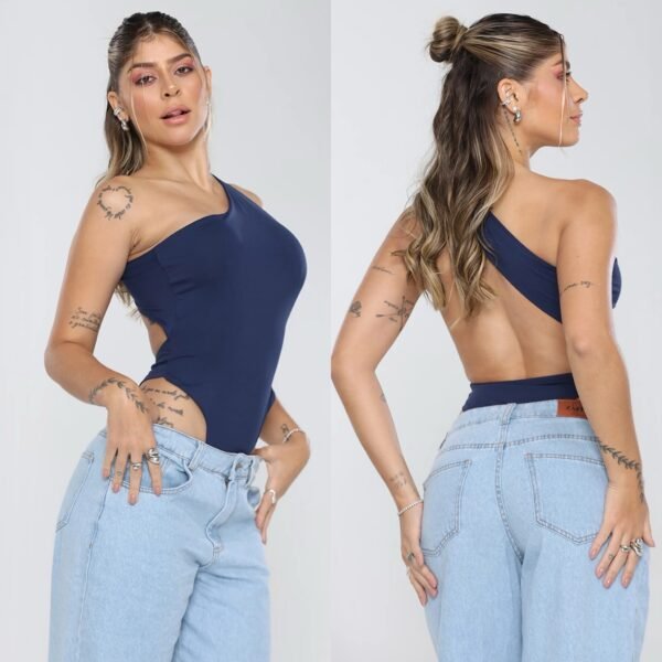 Body Cavado Poliamida Um Ombro Só Azul