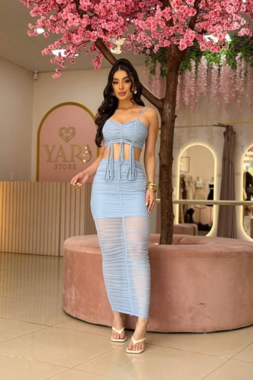 Conjunto Longo Tule Safira Azul