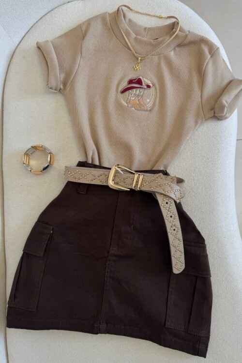 Saia Jeans Flash Cargo Marrom Escura