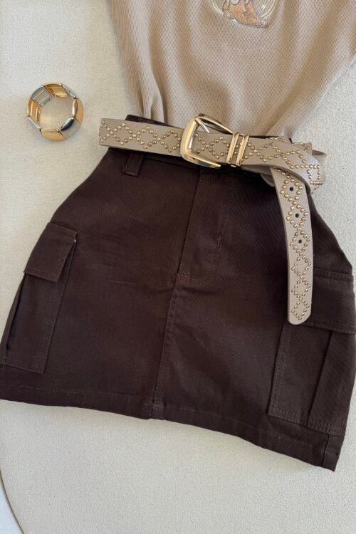Saia Jeans Flash Cargo Marrom Escura
