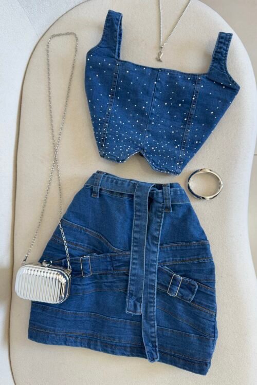 Conjunto Jeans Com Strass E Fivela