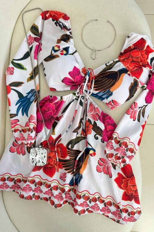 Vestido/macaquinho Estampado Isadora Branco com Pink