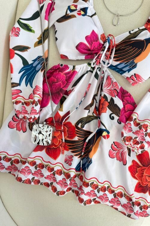 Vestido/macaquinho Estampado Isadora Branco com Pink