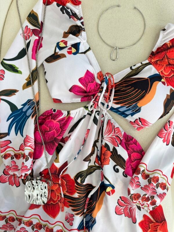 Vestido/macaquinho Estampado Isadora Branco com Pink - Imagem 3