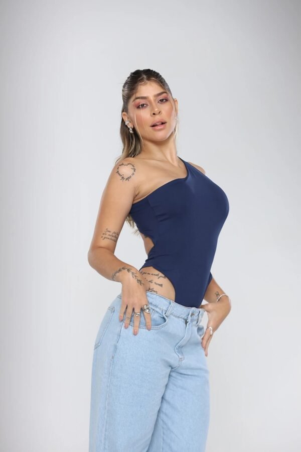 Body Cavado Poliamida Um Ombro Só Azul - Imagem 3
