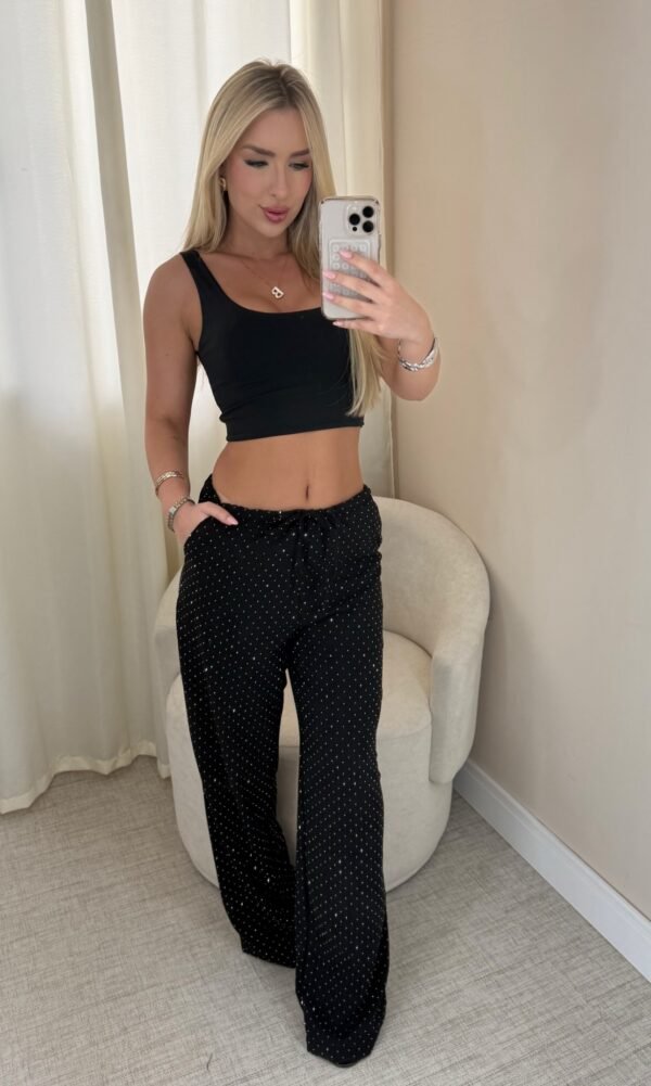 Calça Pantalona Preta Com Brilho Preto