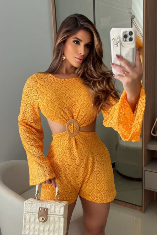 Vestido/Macaquinho Rendado Com Argola Laranja