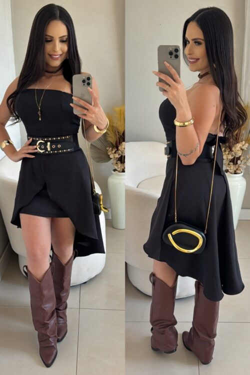 Vestido Curto Na Frente Com Cauda Comprida Atrás Preto