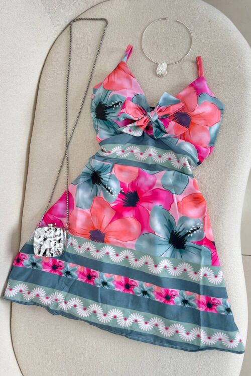 Vestido/macaquinho Estampado Floral Rosa e Azul