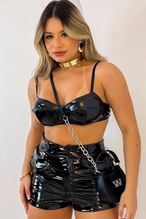 Conjunto De Vinil Cropped + Shorts Preto