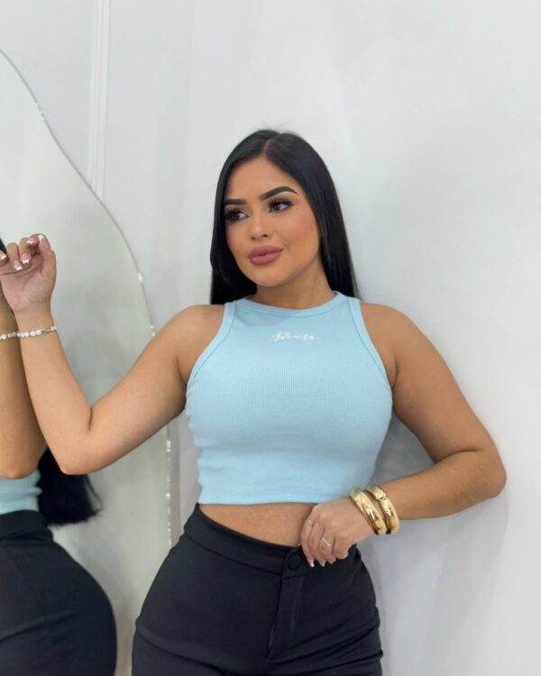 Cropped Regata Ribana Canelada Bordada Paris Azul