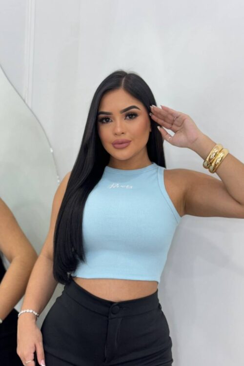 Cropped Regata Ribana Canelada Bordada Paris Azul