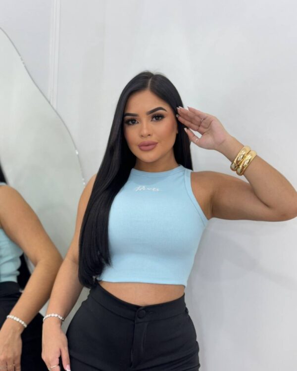 Cropped Regata Ribana Canelada Bordada Paris Azul - Imagem 2
