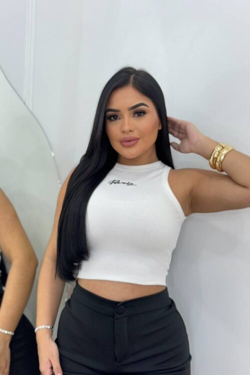 Cropped Regata Ribana Canelada Bordada Paris Off/branca