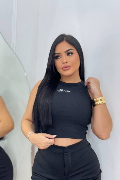 Cropped Regata Ribana Canelada Bordada Paris Preta