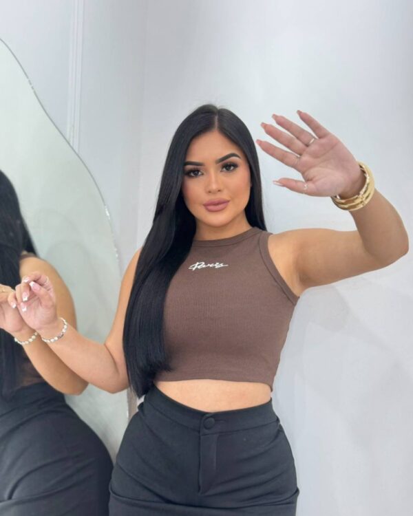 Cropped Regata Ribana Canelada Bordada Paris Marrom