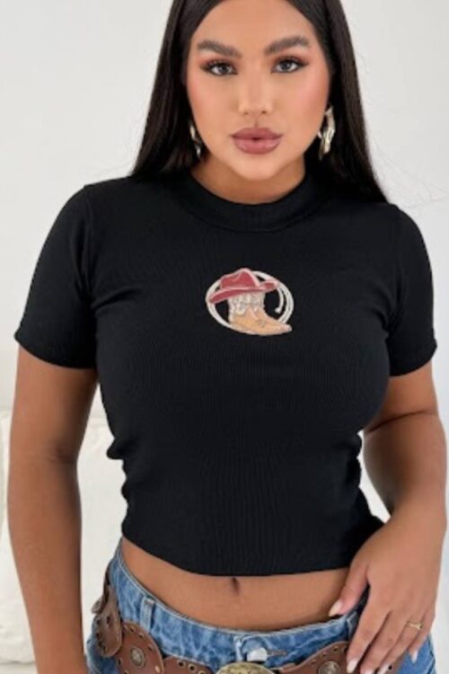 Blusinha Ribana Canelada Bordada Country Preta