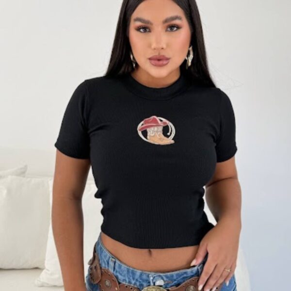 Blusinha Ribana Canelada Bordada Country Marrom - Imagem 2