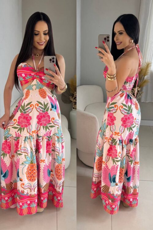 Vestido Longo Estampado 2 Formas De Amarração Rosa