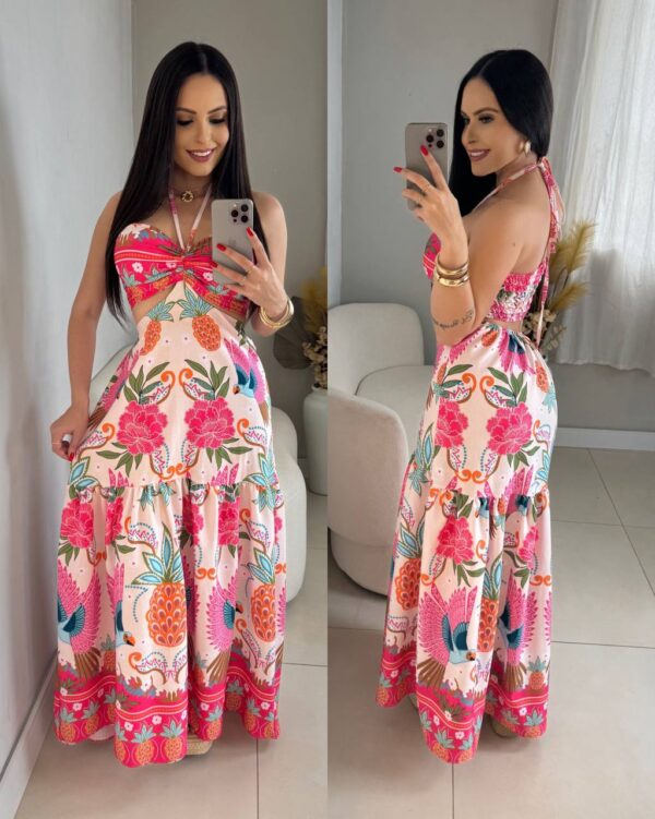 Vestido Longo Estampado 2 Formas De Amarração Rosa