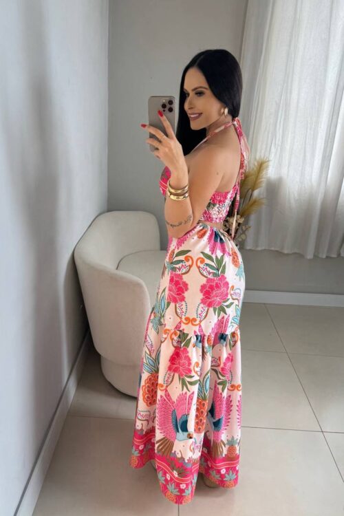 Vestido Longo Estampado 2 Formas De Amarração Rosa