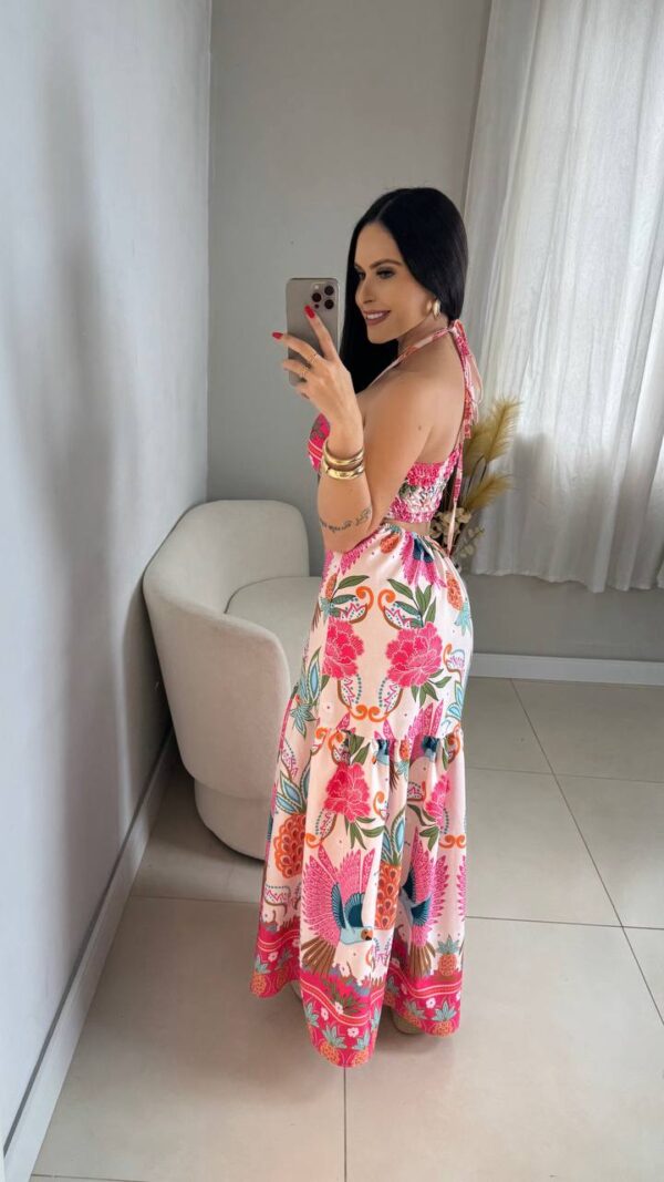 Vestido Longo Estampado 2 Formas De Amarração Rosa - Imagem 3