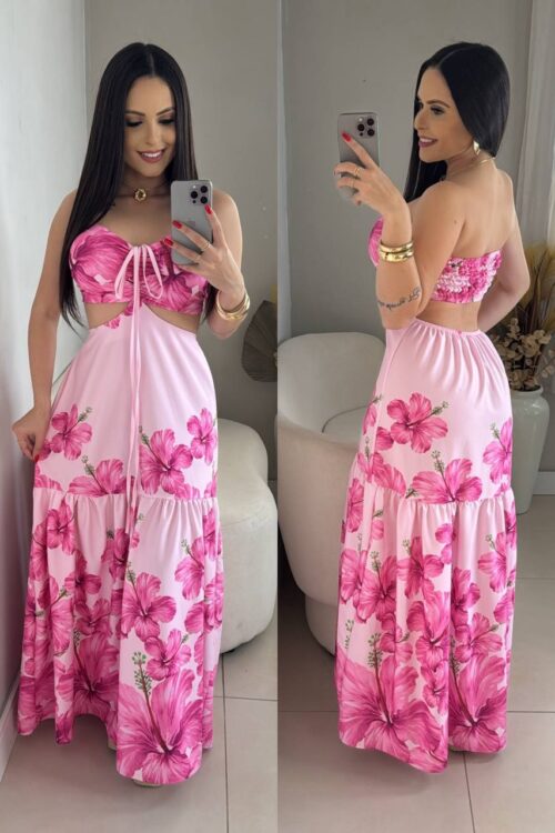 Vestido Longo Estampado 2 Formas De Amarração Pink