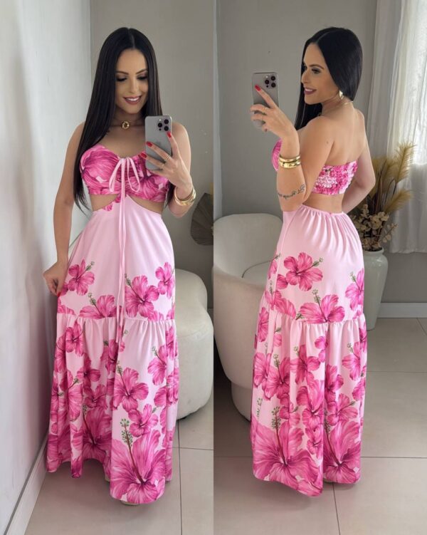 Vestido Longo Estampado 2 Formas De Amarração Pink